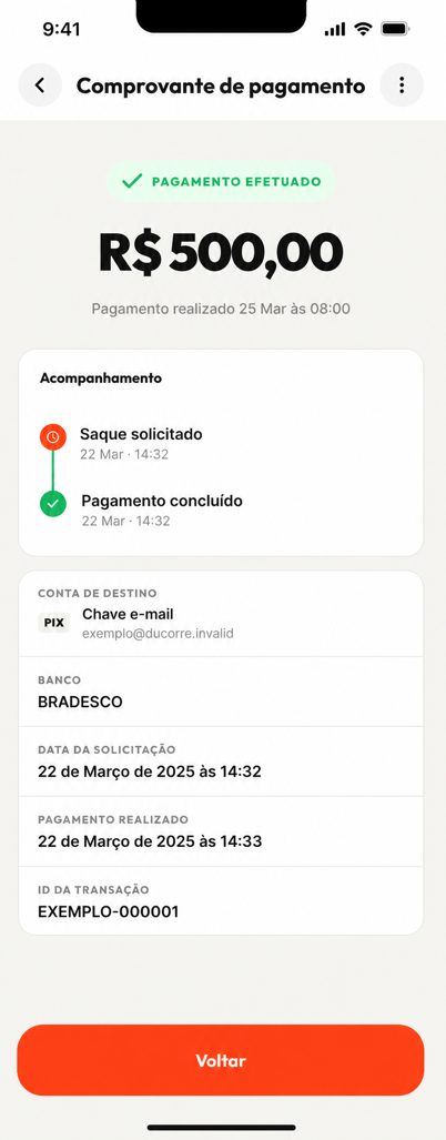 Exemplo ilustrativo e anonimizado de comprovante no app DuCorre
