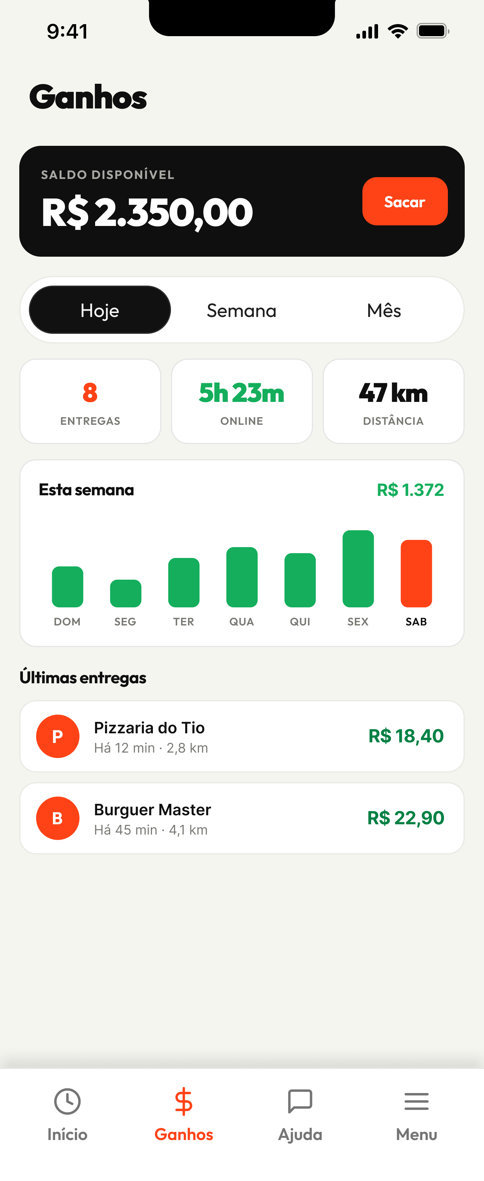 Tela de ganhos do app DuCorre com saldo, resumo e gráfico semanal