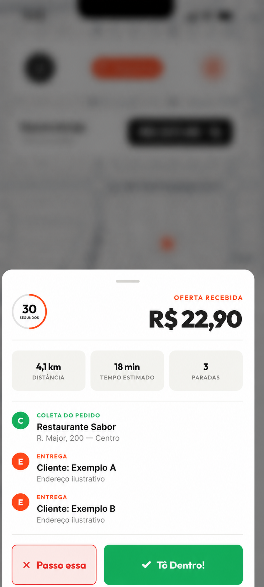 Exemplo ilustrativo de oferta com valor, distância, tempo e paradas