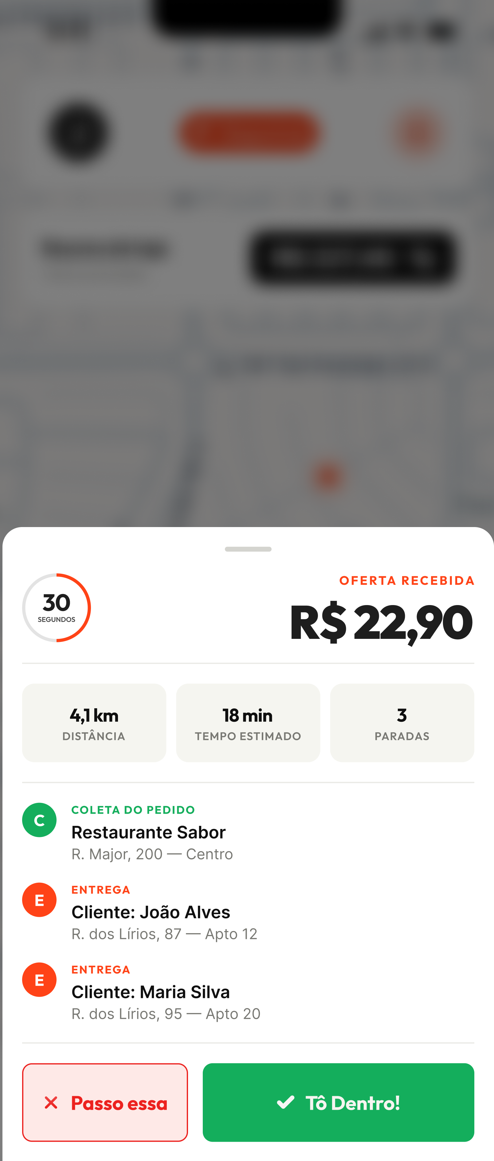 Detalhes de uma oferta com valor, distância, tempo e paradas