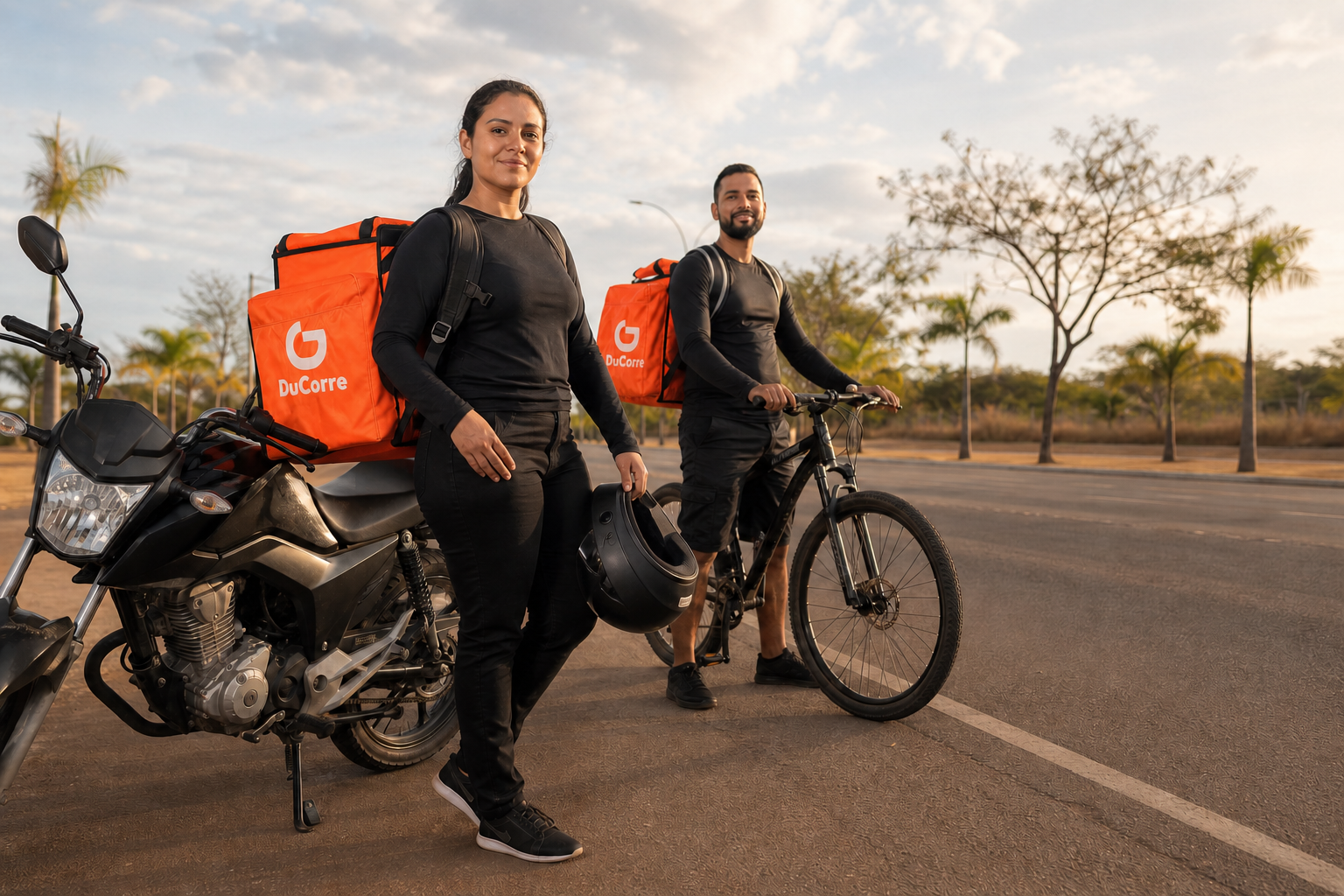 Entregadora com moto e entregador com bicicleta usando bags laranja com o logo branco da DuCorre