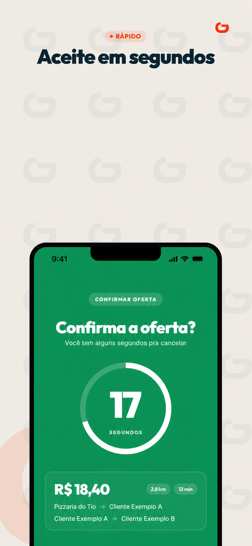 Prévia ilustrativa e anonimizada do app DuCorre confirmando uma oferta em poucos segundos