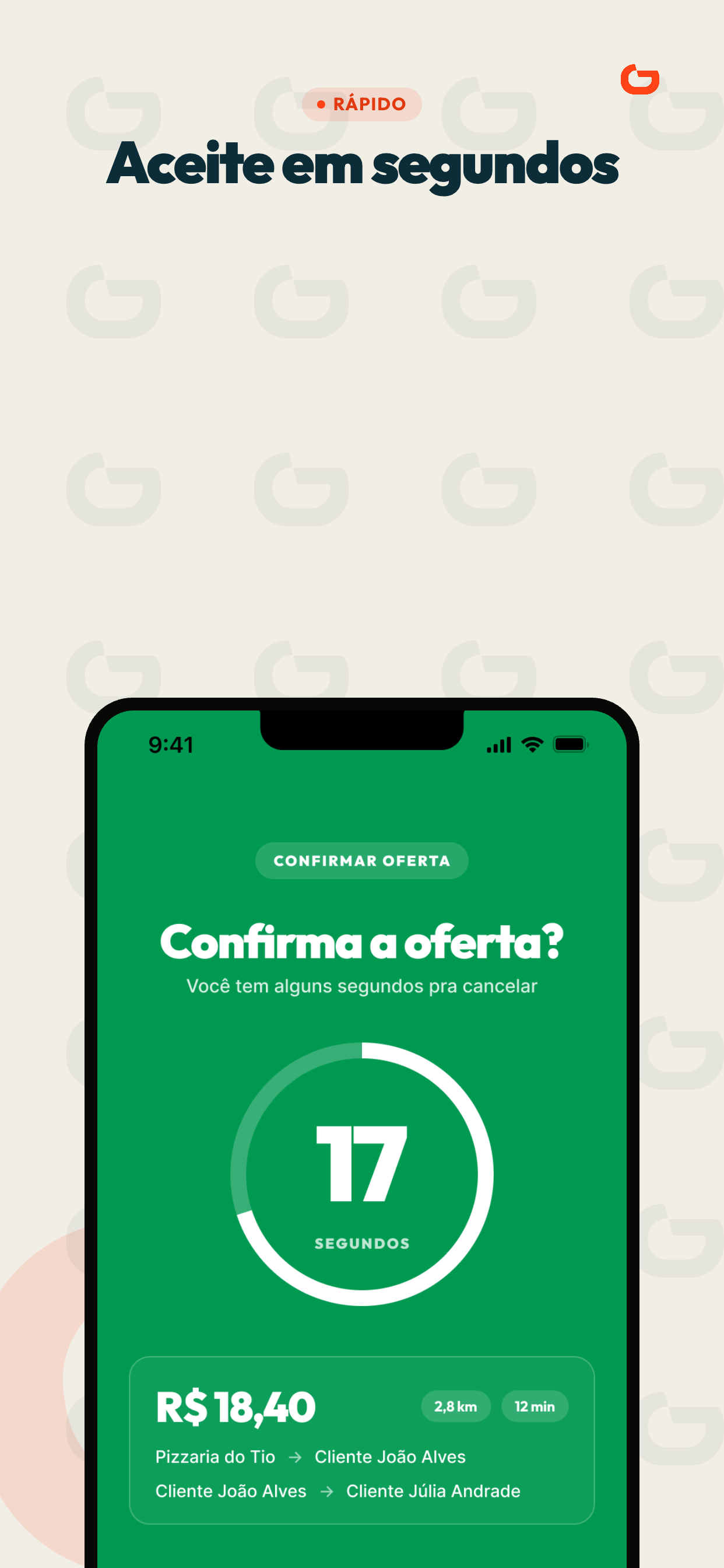 Prévia do app DuCorre confirmando uma oferta de entrega em poucos segundos