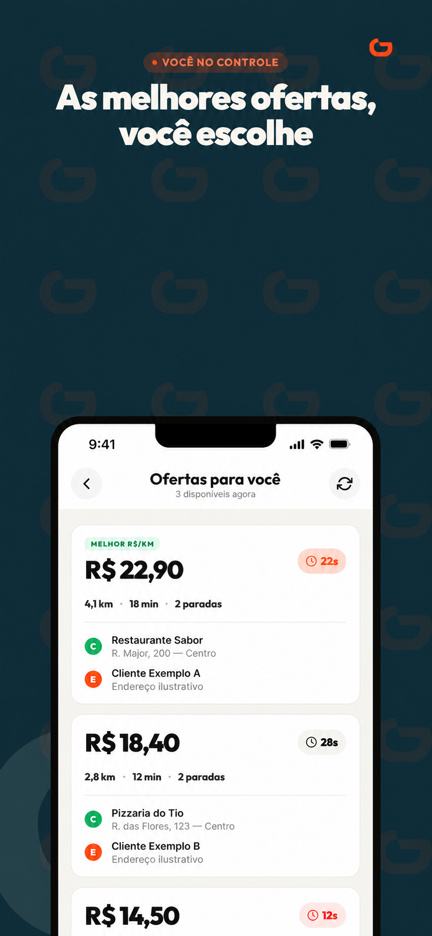 Prévia ilustrativa e anonimizada do app DuCorre com ofertas, valores, distância, tempo e paradas