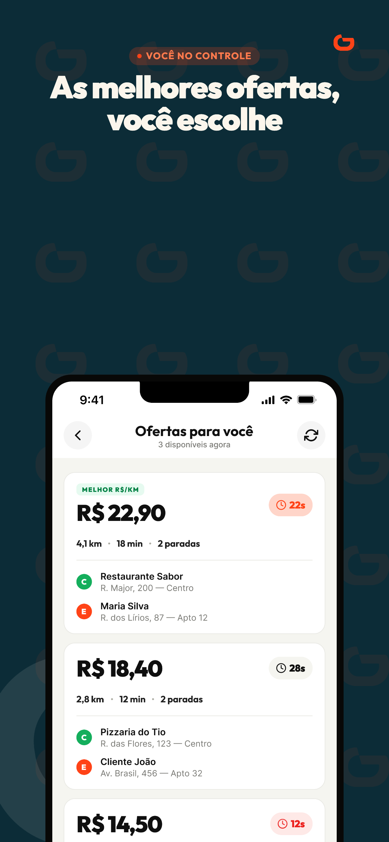 Prévia do app DuCorre com ofertas disponíveis, valores, distância, tempo e paradas