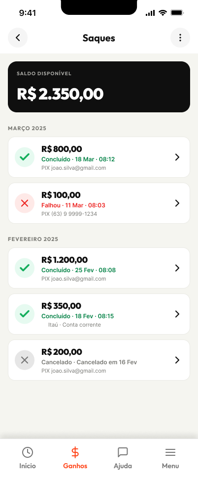 Histórico de saques no app DuCorre